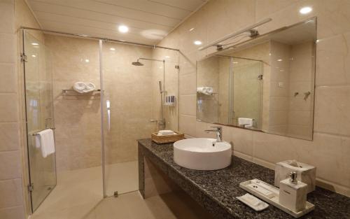 a bathroom with a sink and a shower at Thimphu Deluxe Hotel in Thimphu