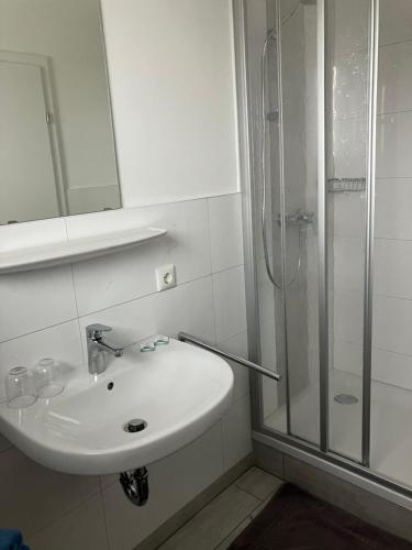 La salle de bains est pourvue d'un lavabo et d'une douche. dans l'établissement Gasthaus Eggerberg, à Neumarkt am Wallersee
