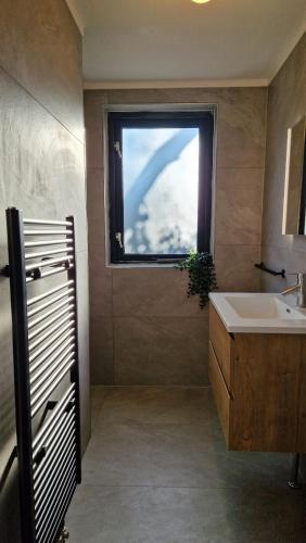 a bathroom with a sink and a window at Gezellig 6pers Familiehuis grote tuin met BBQ aan meer Gelderland in Ewijk