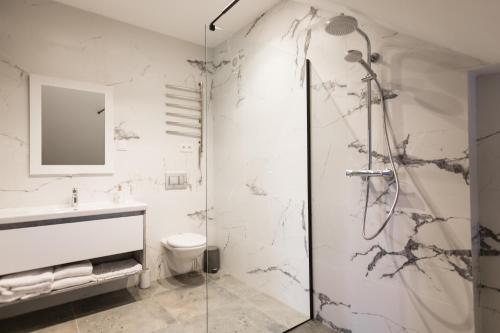 La salle de bains est pourvue d'une douche, de toilettes et d'un lavabo. dans l'établissement Гірська феєрія, à Myhove