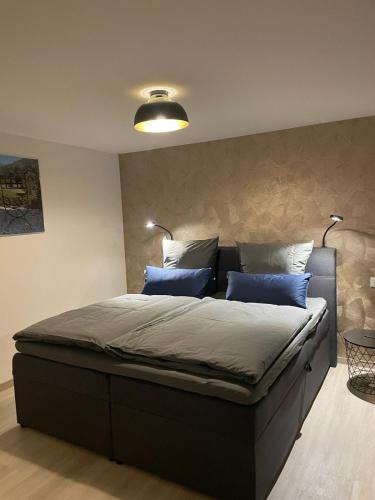 1 dormitorio con 1 cama grande con almohadas azules en Gemütliche Ferienwohnung en Wernigerode