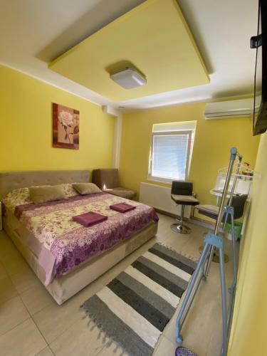 a bedroom with a bed and a desk and a chair at Maslina Rooms in Smederevo