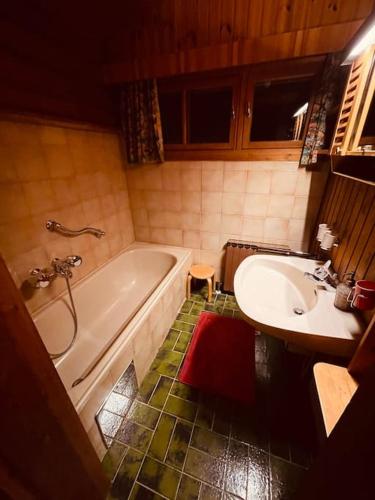 a bathroom with a tub and a sink and a bath tub at Haus an der Planai (Pistenzugang & Panoramablick) in Schladming