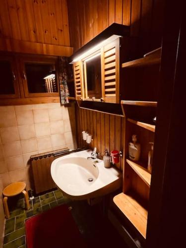 a bathroom with a white sink and wooden walls at Haus an der Planai (Pistenzugang & Panoramablick) in Schladming