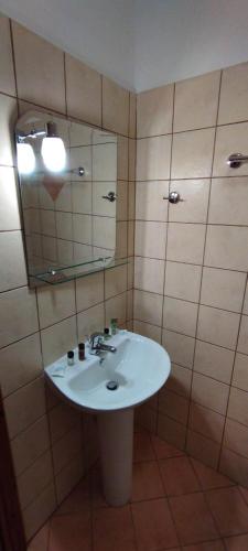 a bathroom with a sink and a mirror at Ξενώνας Ερυκίνη in Dhímitra