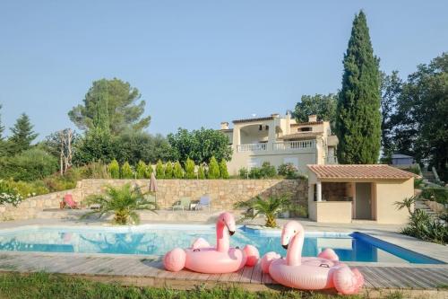 une piscine avec des flamants roses gonflables en face d'une maison dans l'établissement Villa Rhéa, à Roquebrune-sur Argens