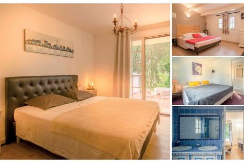 trois photos différentes d'une chambre avec un lit dans l'établissement Villa Rhéa, à Roquebrune-sur Argens