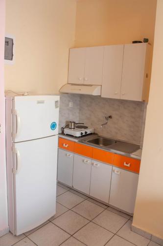 a kitchen with a white refrigerator and a sink at ELENI in Paralia Katerinis