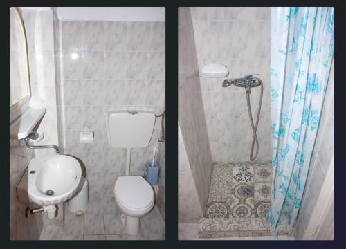 two pictures of a bathroom with a toilet and a shower at ELENI in Paralia Katerinis