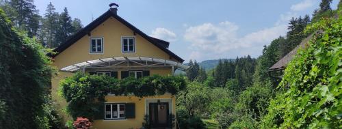 ein gelbes Haus mitten im Wald in der Unterkunft Fuchsbauerhof - Ferienwohnung 