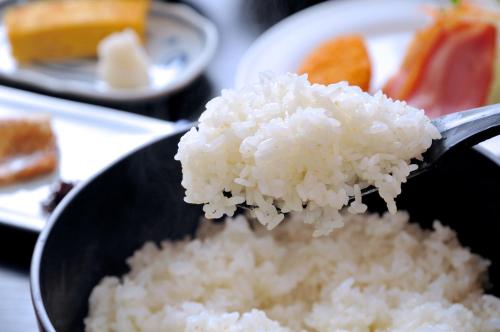a spoonful of rice in a black bowl at Maruyama Onsen Kojyokan in Minami Uonuma