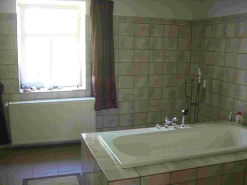 La salle de bains est pourvue d'une baignoire et d'une fenêtre. dans l'établissement Ferienwohnung Henning am Schwielochsee, à Friedland