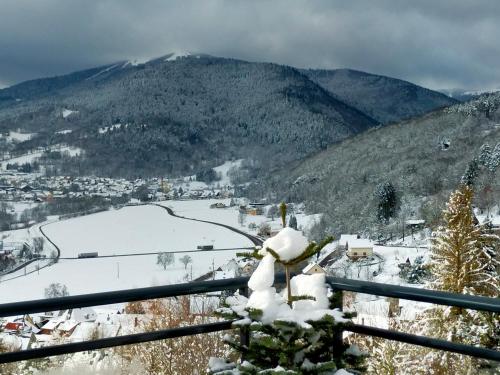 a view of a ski resort in the snow at Au chalet de JO avec accès à l'espace piscine et jacuzzi in Muhlbach-sur-Munster