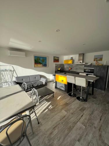 un salon avec un canapé et une table dans l'établissement La Marina de Lairan 2 chambres terrasse vue Port de Plaisance, au Grau-du-Roi