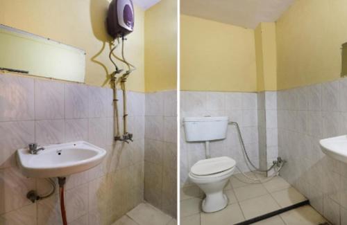 2 fotos de un baño con aseo y lavabo en Hotel Aditya Palace By WB Inn, en Kānpur