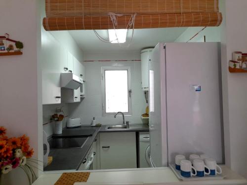 a kitchen with a white refrigerator and a sink at Apartamento Pepa Mar y Montaña in Peñíscola