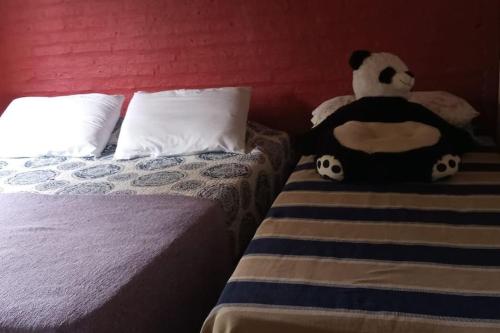 un oso panda de peluche sentado encima de dos camas en casa en balneario Buenos Aires, en Balneario Buenos Aires