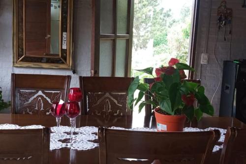 una mesa con dos copas de vino y una maceta en casa en balneario Buenos Aires, en Balneario Buenos Aires