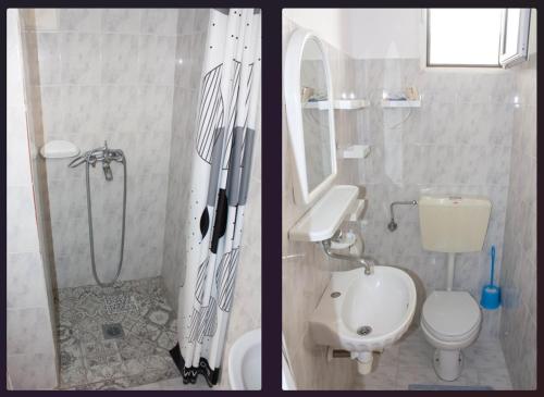 two pictures of a bathroom with a shower and a toilet at Hermes in Paralia Katerinis