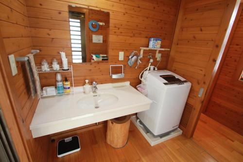 une salle de bain avec un lavabo et une machine à laver dans l'établissement Karin Design Cottage, à Onna
