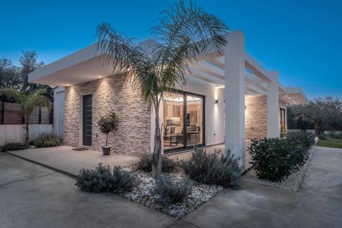 a house with a palm tree in front of it at Armonia Boutique Hotel in Méson Yerakaríon