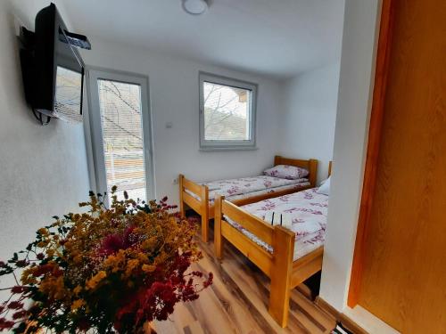 福查的住宿－Apartmani Biser Drine，小房间设有两张床和电视