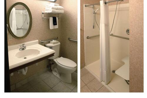 Duas fotografias de uma casa de banho com WC e lavatório. em Shoreline Inn & Conference Center, Ascend Hotel Collection em Muskegon