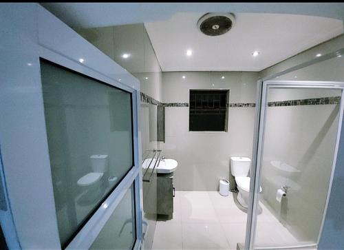 a bathroom with a shower and a toilet and a sink at Blue Nile Guest in Cape Town