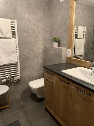 une salle de bain avec toilettes, lavabo et miroir dans l'établissement Pom Pom, 3 bedroom apt with stunning mountain views-Samoëns, à Samoëns