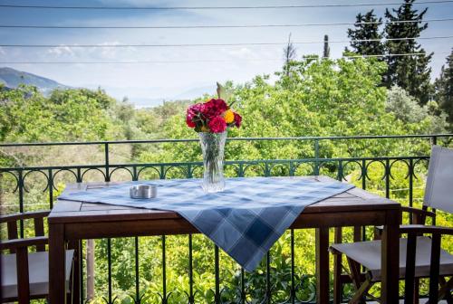 Villa Avra في داسيا: إناء من الزهور يجلس على طاولة على شرفة