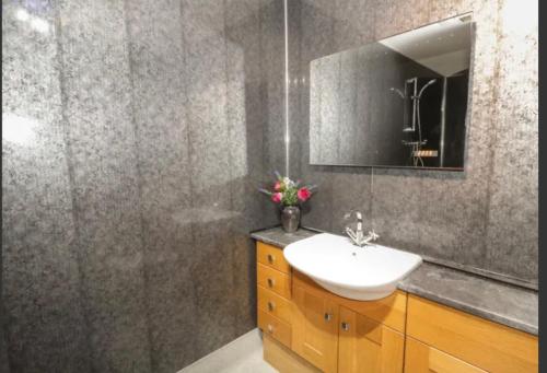 a bathroom with a sink and a mirror at Ffynonn Wen in Llandrillo-yn-Rhôs