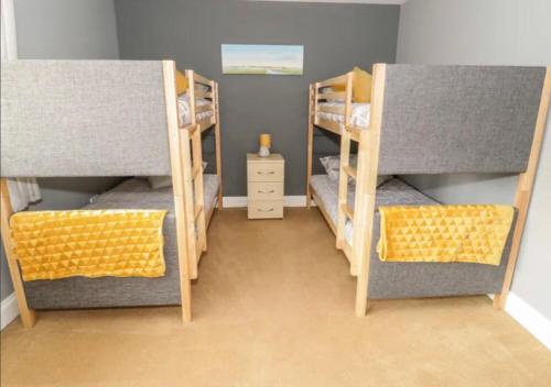 a room with three bunk beds in a room at Ffynonn Wen in Llandrillo-yn-Rhôs
