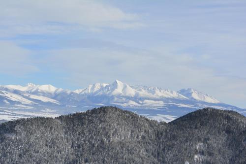 a mountain range with trees and snow covered mountains at Privát Erika in Liptovský Ján
