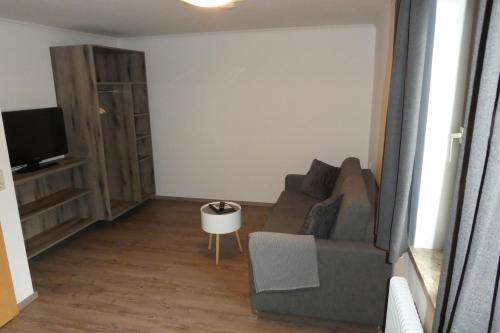 a living room with a couch and a tv at Pension Mühle in Zell am See