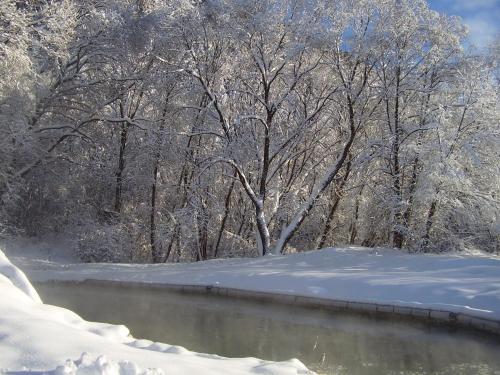 a river covered in snow with trees in the background at Privát Erika in Liptovský Ján