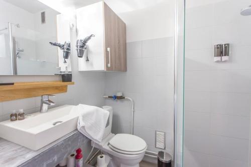 uma casa de banho com um WC, um lavatório e um chuveiro em Montagnes russes em Grenoble