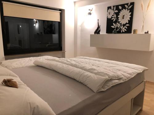 uma cama num quarto com uma grande televisão em Ferienwohnung Nationalpark Eifel Nideggen Sauna em Nideggen
