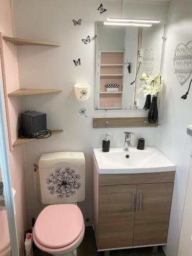 La salle de bains est pourvue de toilettes roses et d'un lavabo. dans l'établissement Mobile Homes Sous le Soleil, à Valras-Plage