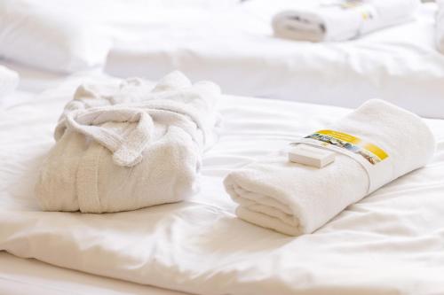 埃因霍溫的住宿－德格羅特比克住宿加早餐旅館，床上有一大堆毛巾和一瓶药
