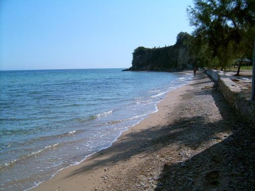 a sandy beach with the ocean on a sunny day at Olive Tree Villas in Kipseli