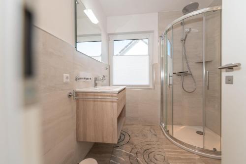 a bathroom with a shower and a sink and a glass shower stall at Ferienhaus Ulrichshorst in Ulrichshorst