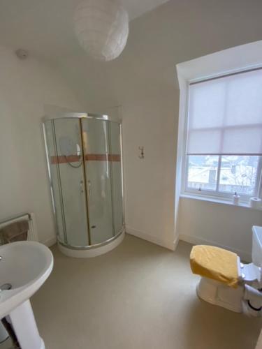 un bagno con doccia, WC e lavandino di Hill House - Mews Town House, in a quiet private close, in the City Centre of Inverness. a Inverness