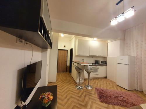 - un salon avec une cuisine équipée d'un comptoir et d'une table dans l'établissement Concept Residence Regim Hotelier, à Iaşi
