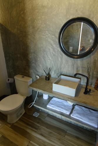 a bathroom with a toilet and a sink and a mirror at Pousada Carcará in Fortim