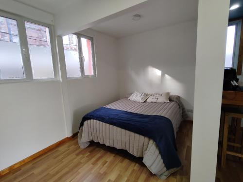 1 dormitorio con 1 cama en una habitación blanca con ventanas en Departamento Yekamush Ushuaia en Ushuaia