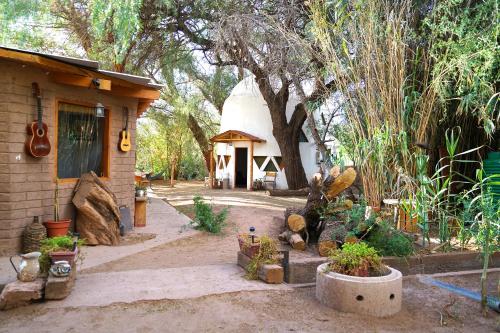 ein Hof mit einem Haus und einigen Pflanzen und Bäumen in der Unterkunft Hermoso Domo ECOconstruido in San Pedro de Atacama