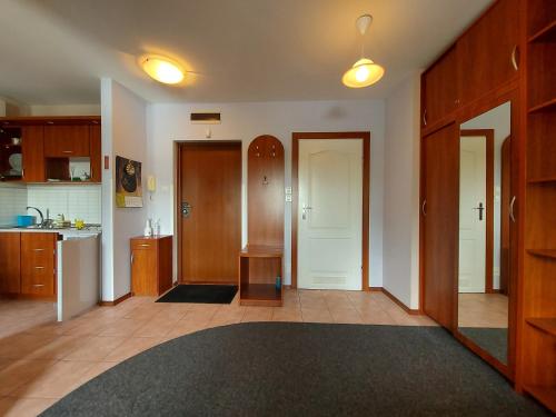 コウォブジェクにあるApartment Lux Mewaの木製のドアとラグ付きの広いキッチン
