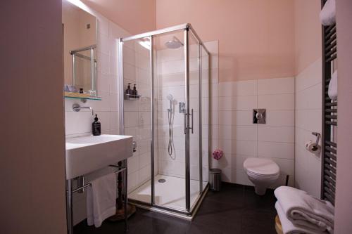 a bathroom with a shower and a sink and a toilet at Suitehotel Pincoffs in Rotterdam
