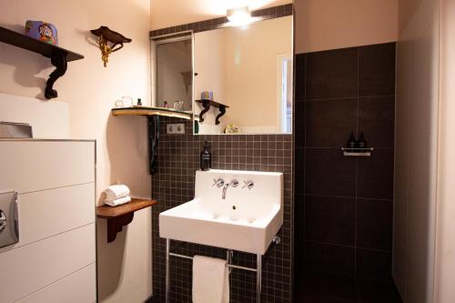 a bathroom with a white sink and a shower at Suitehotel Pincoffs in Rotterdam