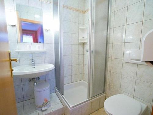 a bathroom with a shower and a toilet and a sink at Pension Koderholt in Mönichkirchen